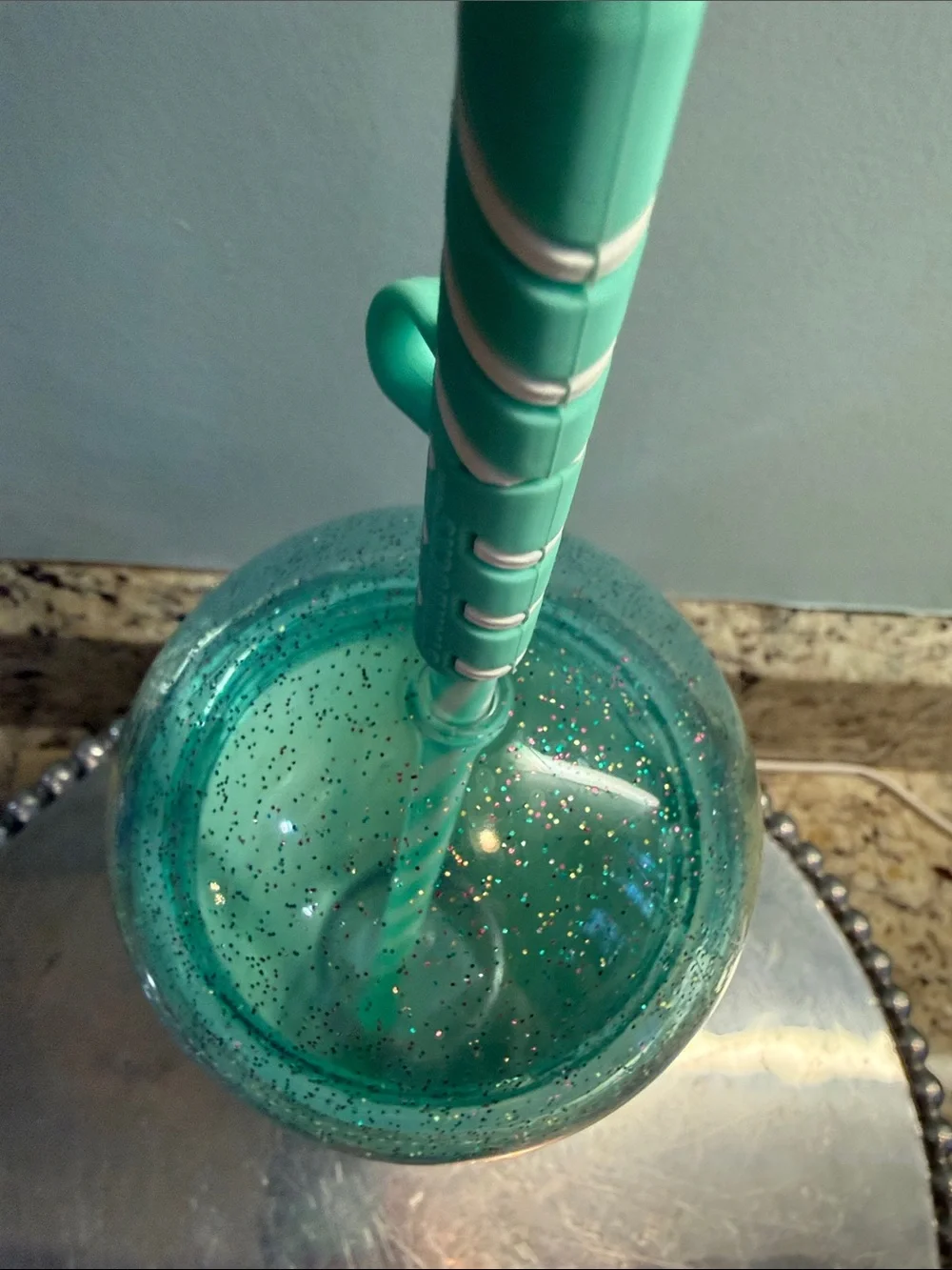 Starbucks Sparkle Confetti Tumbler with Teal Lid and Yellow Candle Straw
